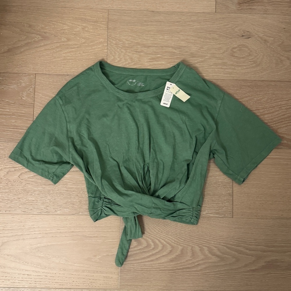 Aerie Green Cotton Knit Cropped Tie Front Crew Neck Short Sleeve Top M